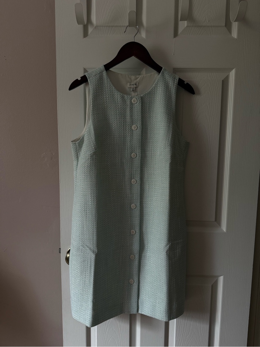 NWT J.Crew Boucle Tweed Mini Shift Dress Ivory Mint Button Front Pockets Size 10